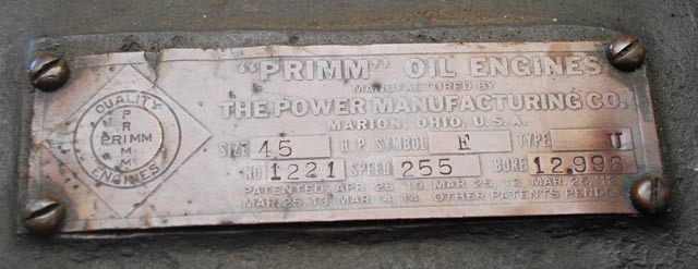 Primm Oil Engine Nameplate